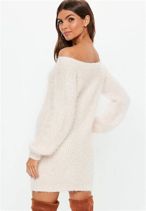 White Chenille Fluffy Bardot Sweater Dress Missguided