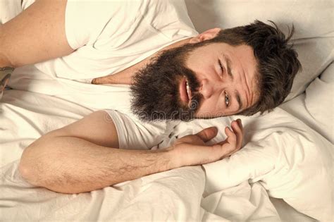 Lazy Morning Relax And Sleep Concept Man Bearded Guy Sleep On White Sheets Healthy Sleep And