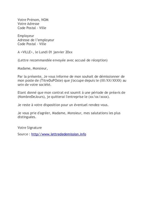 Lettre De Démission Modèle Classique Pour Cdi