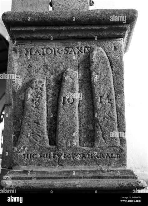 The Carved Font In Trellech Church Showing Haralds Stones Stock Photo