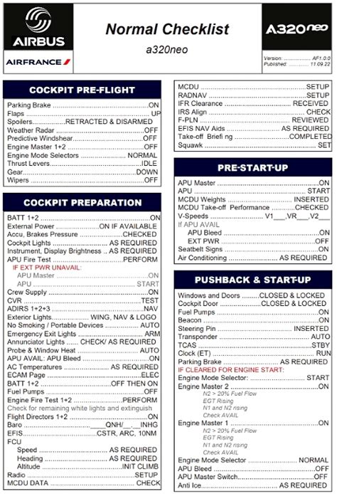 Checklist Airbus A320 Airfrance Afr En Francais And In English