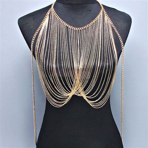 Gold Tassel Bra Chest Body Chain Harness Fringed Bib Necklace Chic