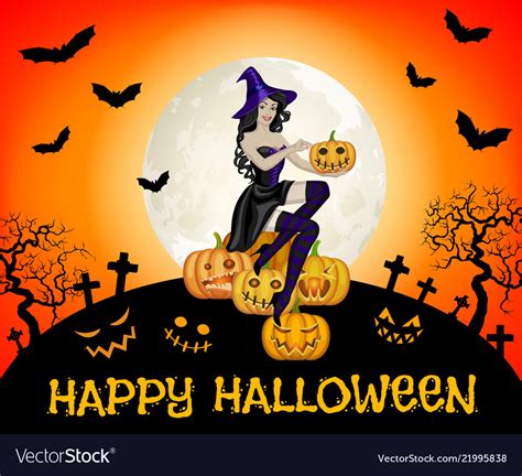 Happy Halloween Card With Flying Witch On Broom Vector Image