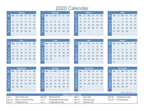 12 Month Printable Calendar 2020 With Holidays Free Printable 2020