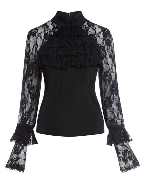 rosetic gothic lace shirt vintage women autumn patchwork flare sleeve tops slim fashion corsets