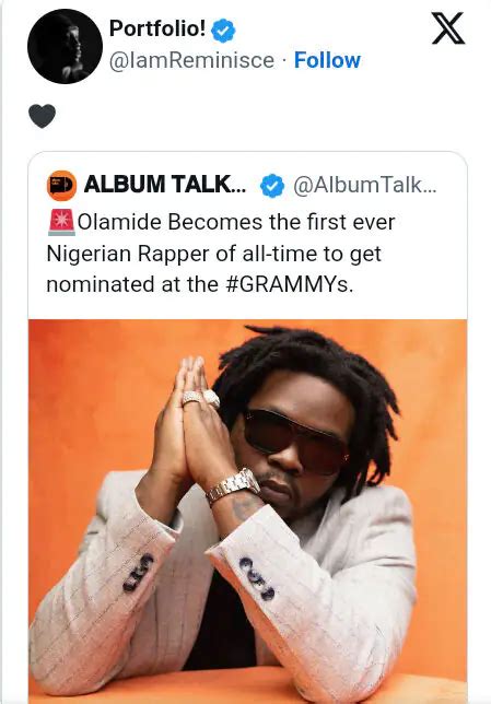 Nigerian Entertainers Celebrate Olamide On Becoming The First Nigerian Rapper To Get A Grammy