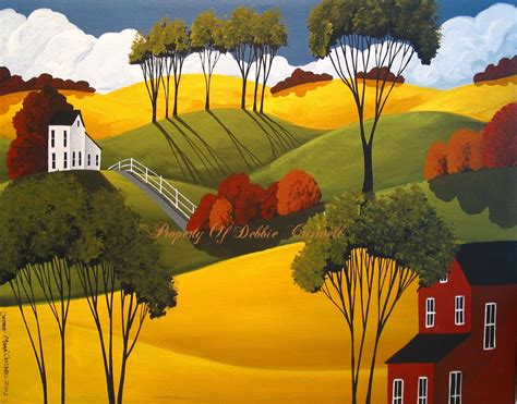 Original Painting Folk Art Landscape Autumn Day Country Farm Road Trees