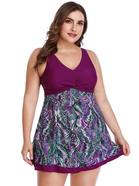 Womens Plus Size Printing Padded High Waist Swimdress Purple Size 0