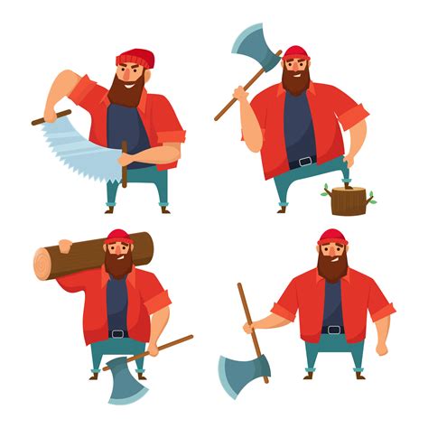Set Of Male Lumberjack Cartoon Characters Holding Axes Chopping Wood In Flat Vector