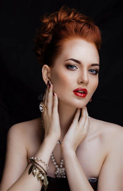 Beauty Stylish Redhead Woman With Hairstyle And Manicure Wearing Jewelry Pearl Close Up Stock