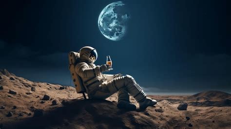 Premium Ai Image Futuristic Astronaut Drinking Beer On The Moon