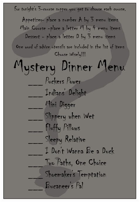 Recipes And Crafts Oh My Mystery Dinner Date Night Birthday Dinner Menu Dinner Party Menu