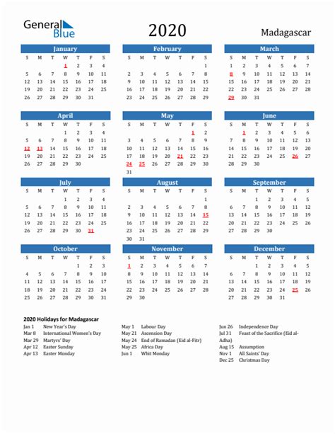 Madagascar 2020 Calendar With Holidays