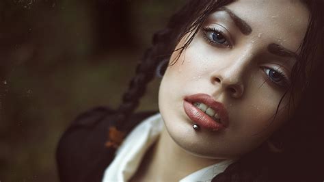 Women Model Face Brunette Open Mouth Piercing Braids Pigtails Blue Eyes