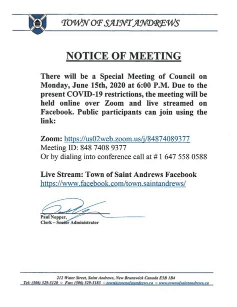 Notice Of Meeting 200615 Special Meeting Of Council Town Of Saint Andrews