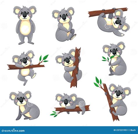 Cartoon Koala Bear Characters Eating And Playing Stock Vector