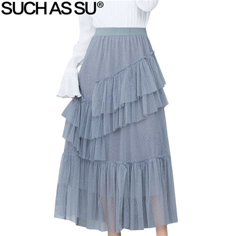 New 2019 Spring Summer Japan Style Mesh Stitching Ruffles Skirts Womens 3 Color High Waist
