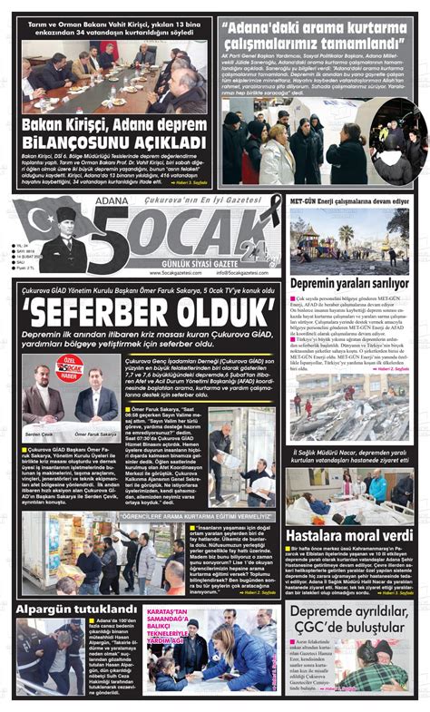 14 Şubat 2023 tarihli Adana 5 Ocak Gazete Manşetleri