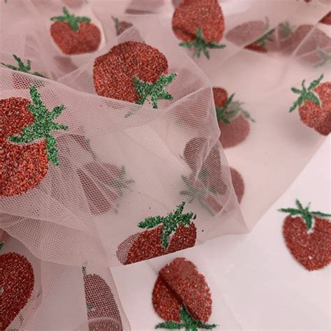 Sweet Strawberry Lace Fabric Glitter Sequin Strawberry Tulle Etsy