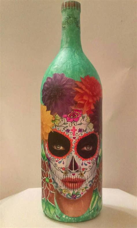 Sugar Skull Altered Bottle Day Of The Dead Dia De Los Muertos Sugar