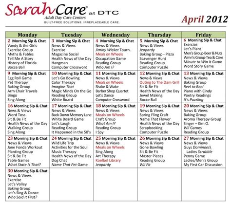 April 2012 Activity Calendar Small Assisted Living