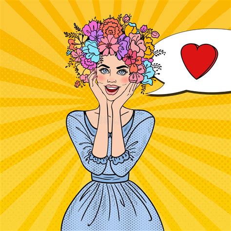 Pop Art Beautiful Woman In Love With Flowers Hairstyle Stock Vector