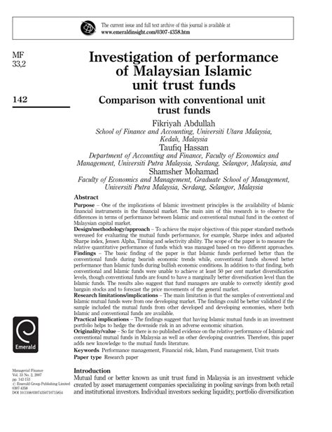 For the latest unit trust performance, update, return of 1 year, 3 years, 5 years and also the ranking, you can refer personal money. (PDF) Investgation of Performance of Malaysian Islamic ...
