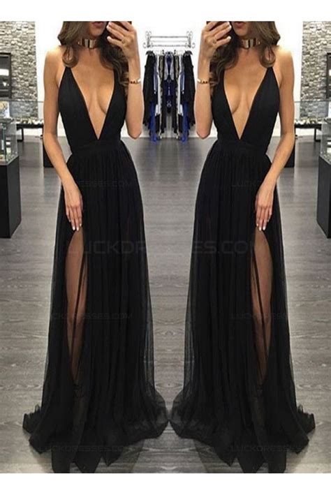 Sexy Low V Neck Long Black Prom Dresses Party Evening Gowns 3020492