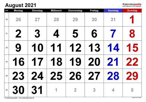 Download pdf of calendars 2021. Kalender August 2021 als Excel-Vorlagen