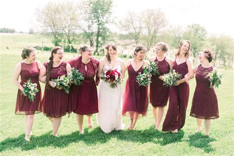 Bridal Party Pictures Mismatched Knee Length Wine Colored Bridesmaids