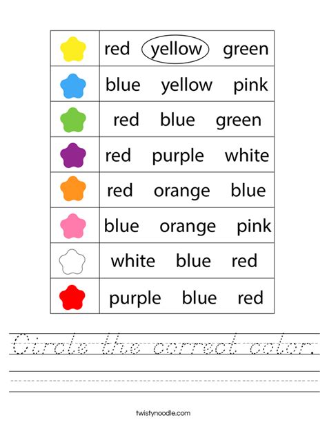 Circle The Correct Color Worksheet Dnealian Twisty Noodle