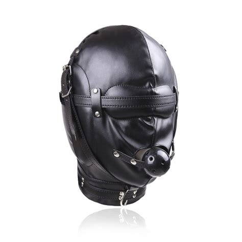 Black Faux Leather Bondage Hood Mouth Gag Blindfold Bdsm Full Head Mask