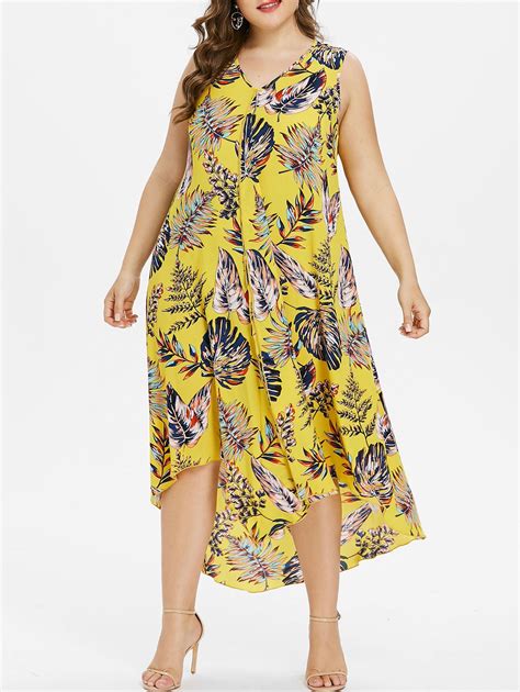 Plus Size Tropical Leaf Print Maxi Dress Women V Neck Sleeveless A Line