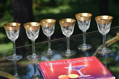 Vintage Gold Rim Encrusted And Etched Wine Cordials Set Of 6 Vintage