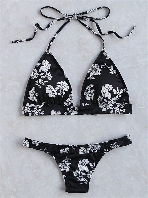 Black Floral Print Triangle Bikini Set Sheinsheinside