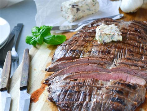 Make sure it's not too thick or thin. Grilled Flank Steak with Garlic Sun-Dried Tomato, Basil Butter - Home Sweet Table