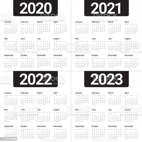 Year 2020 2021 2022 2023 Calendar Vector Design Template Stock