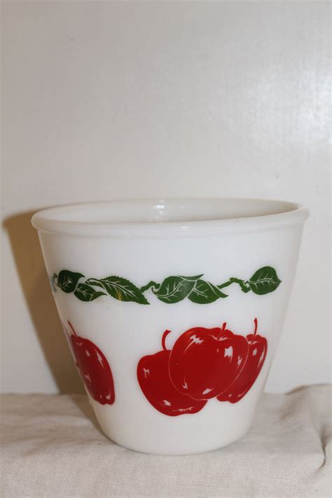 Vintage Hazel Atlas Milk Glass Mixing Bowl Red Apples Green Etsy