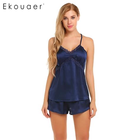 Ekouaer Sexy Pajamas Women Lace Patchwork Sleeveless Spaghetti Straps Sleepwear Summer Satin