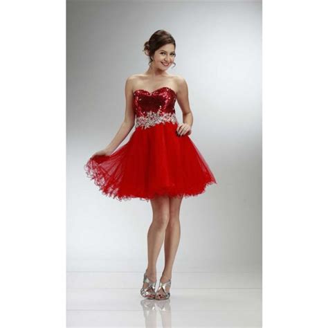 Ball Sweetheart Short Red Sequin Tulle Cocktail Prom Dress