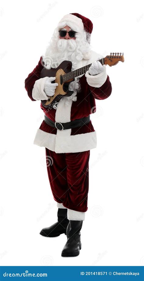 Santa Claus Playing Electric Guitar On White Background Christmas