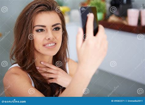 Happy Brunette Taking A Photo Of Herself Stock Image Image Of Abode