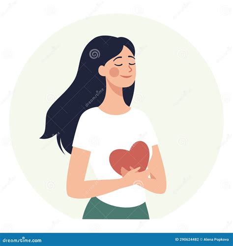 vector flat illustration peaceful girl holding a core in her hands happy girl loves herself