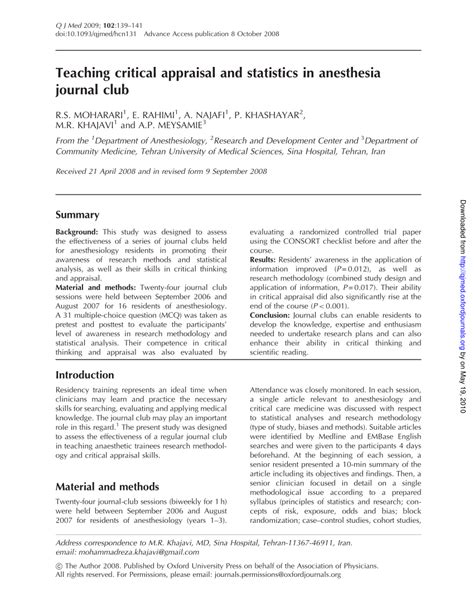 Pdf Teaching Critical Appraisal And Statistics In Anesthesia Journal Club
