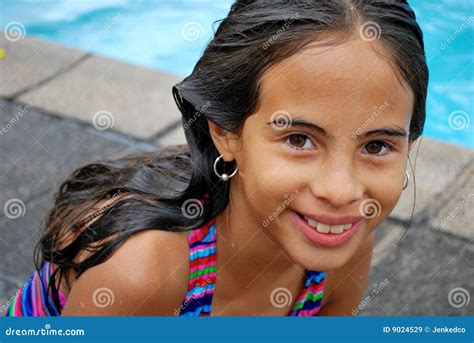 Beautiful Hispanic Girl By The Pool Stock Image Image Of Looking