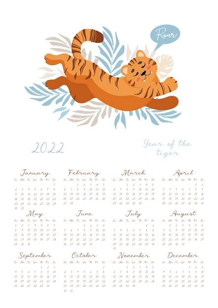 Calendário para 2022 rugido de rosnados de tigre deitado bonito