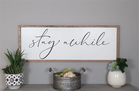 Stay Awhile Sign Framed Wood Signs Living Room Wall Decor Etsy