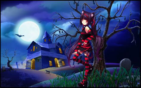 Nekomimi Anime Anime Girls Spooky Moon Bats Red Eyes Wallpaper
