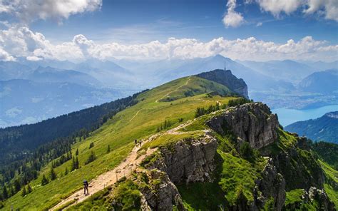 Alps Lake Thun Mountains Summer Clouds Wallpaper Nature And