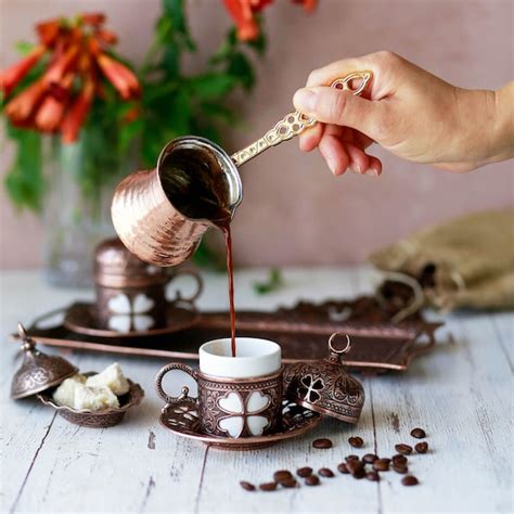 Traditional Turkish Coffee Cups With Wooden Handle Copper Coffee Pot